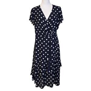 Wrap Dress Joseph Ribkoff Size 10 Blue/Black White PolkaDot Ruffle Cap Sleeve